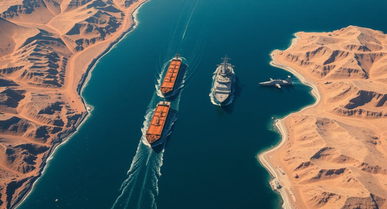 Aerial view of oil tankers and naval ships in the strategic Strait of Hormuz chokepoint.