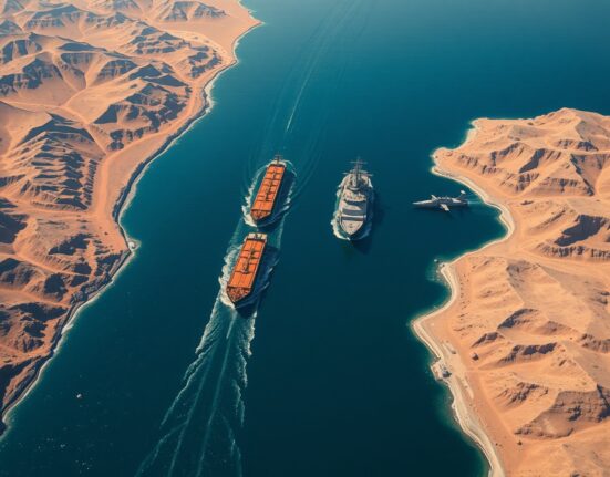 Aerial view of oil tankers and naval ships in the strategic Strait of Hormuz chokepoint.