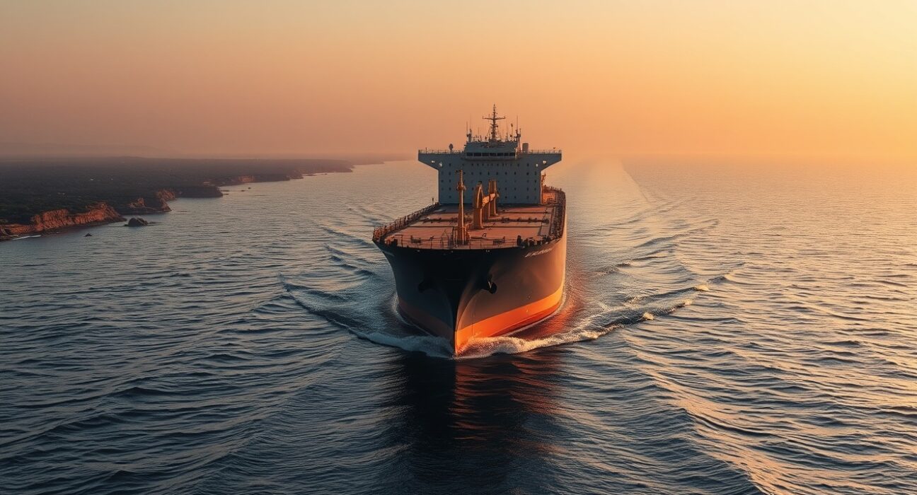 Oil tanker sailing through the Strait of Hormuz at sunrise, highlighting a key global energy chokepoint.