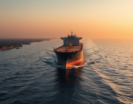 Oil tanker sailing through the Strait of Hormuz at sunrise, highlighting a key global energy chokepoint.
