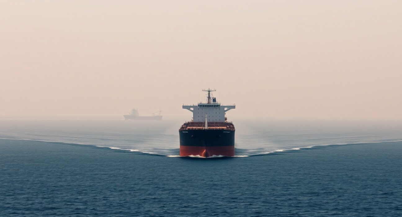 Large oil tanker sailing through the narrow Strait of Hormuz, a critical global energy chokepoint.