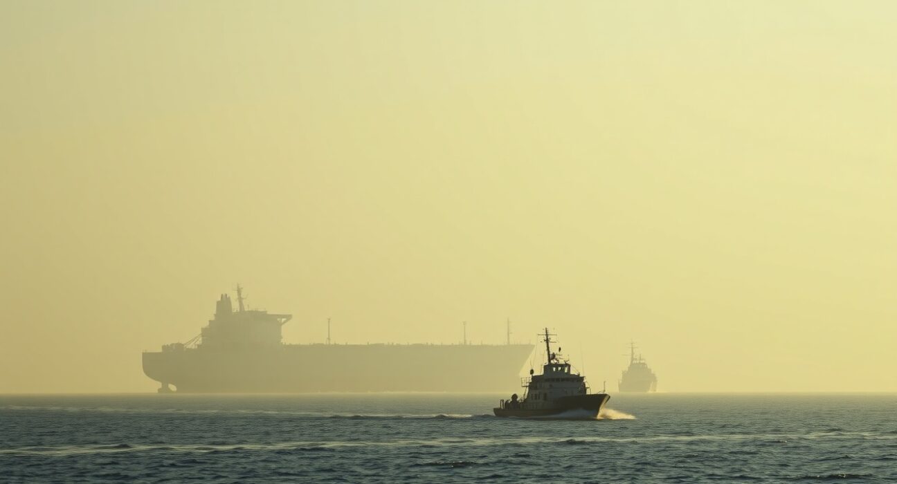 Aerial view of the Strait of Hormuz with a tanker and military vessel, illustrating heightened tensions.