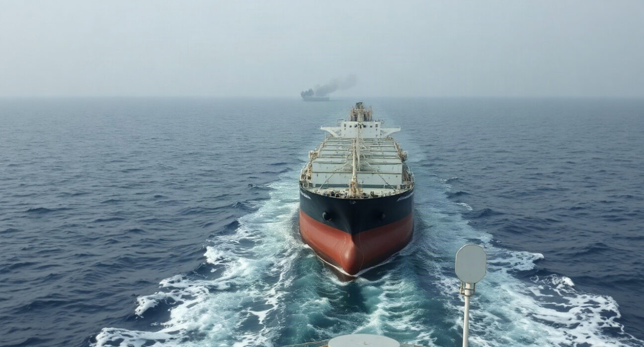 Oil tanker in the Strait of Hormuz with smoke plume on horizon