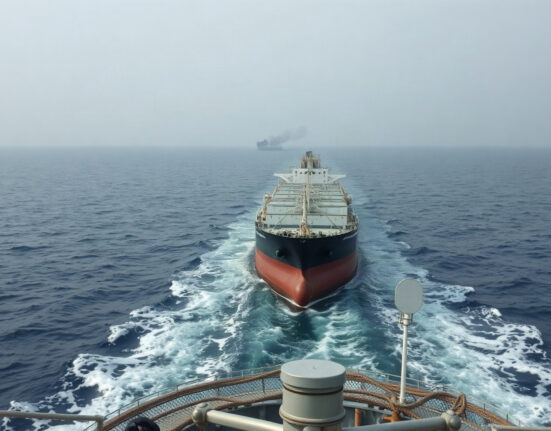 Oil tanker in the Strait of Hormuz with smoke plume on horizon