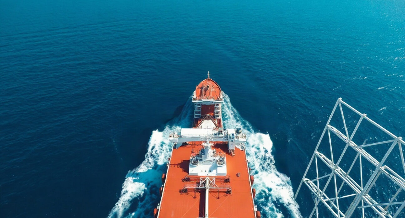 Aerial view of an oil tanker transiting the Strait of Hormuz amid heightened maritime security concerns.