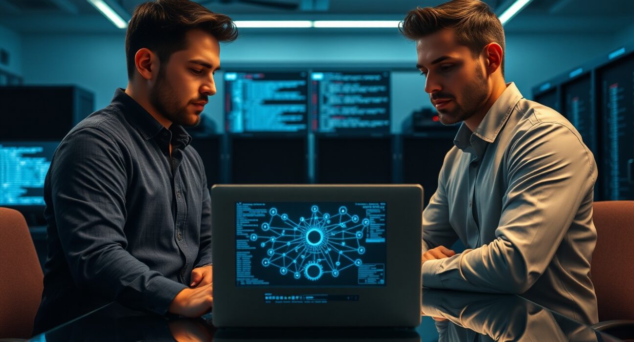 Two blockchain developers in an office discussing a UTXO model diagram on a laptop.