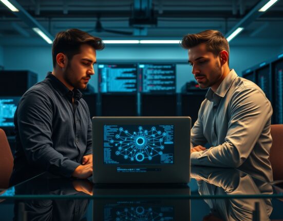 Two blockchain developers in an office discussing a UTXO model diagram on a laptop.
