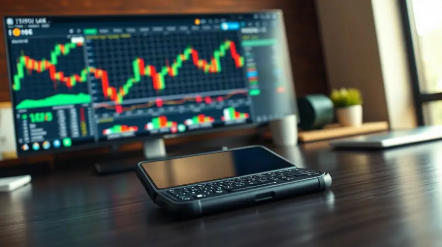 A smartphone displaying a cryptocurrency price chart on a desk in a professional office setting.