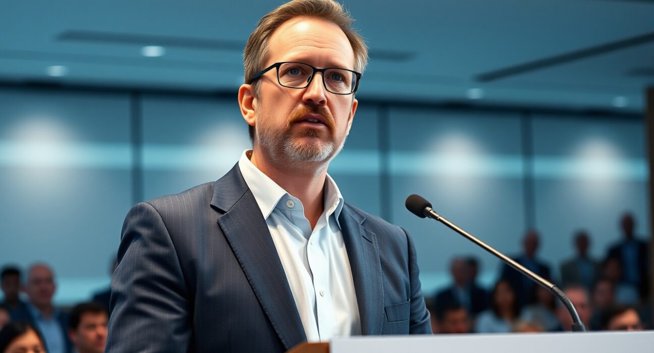 Charles Hoskinson speaking at a podium about new Cardano governance organization
