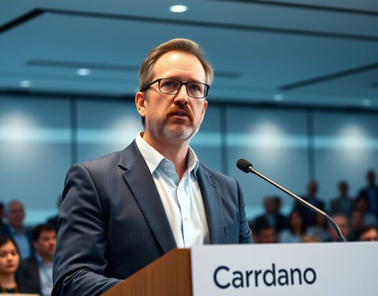 Charles Hoskinson speaking at a podium about new Cardano governance organization