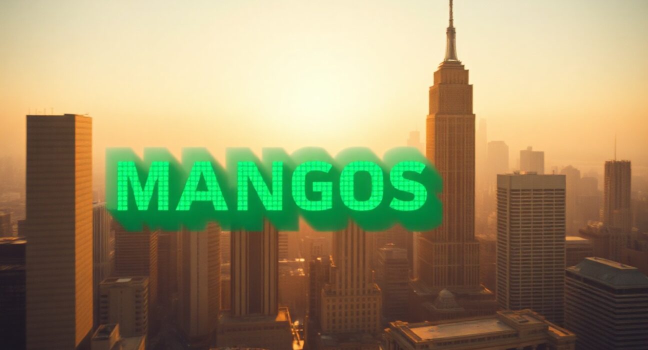 City skyline at sunset with glowing MANGOS stock ticker overlay, representing the 2026 IPO wave.