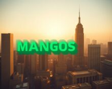 City skyline at sunset with glowing MANGOS stock ticker overlay, representing the 2026 IPO wave.