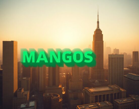 City skyline at sunset with glowing MANGOS stock ticker overlay, representing the 2026 IPO wave.