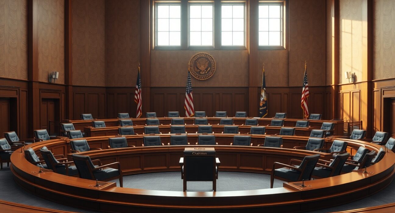 Empty CFTC commissioner seats in a hearing room, highlighting the agency's leadership gap