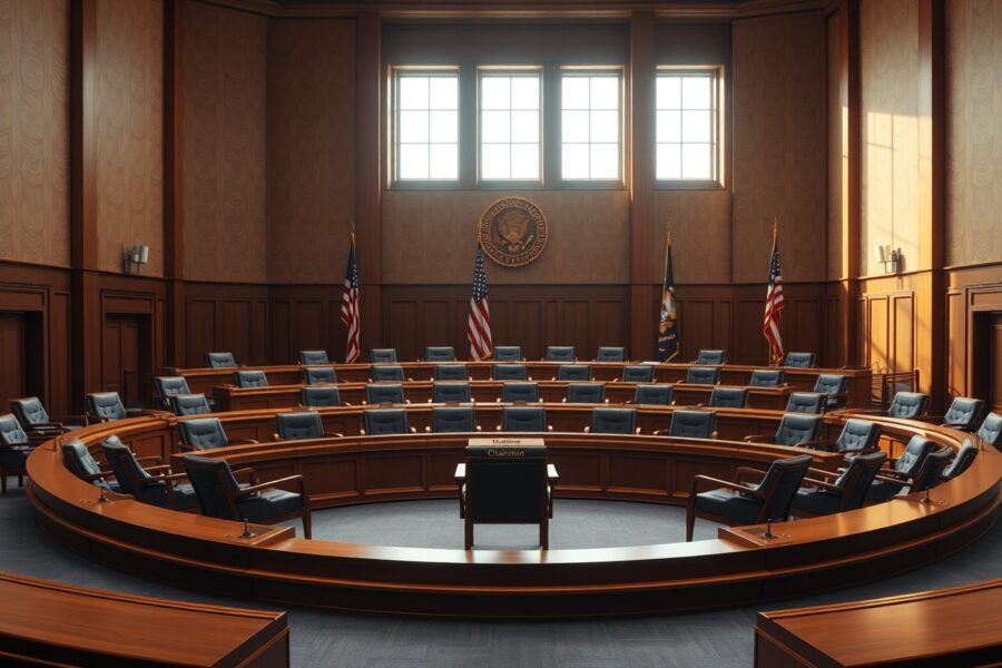 Empty CFTC commissioner seats in a hearing room, highlighting the agency's leadership gap