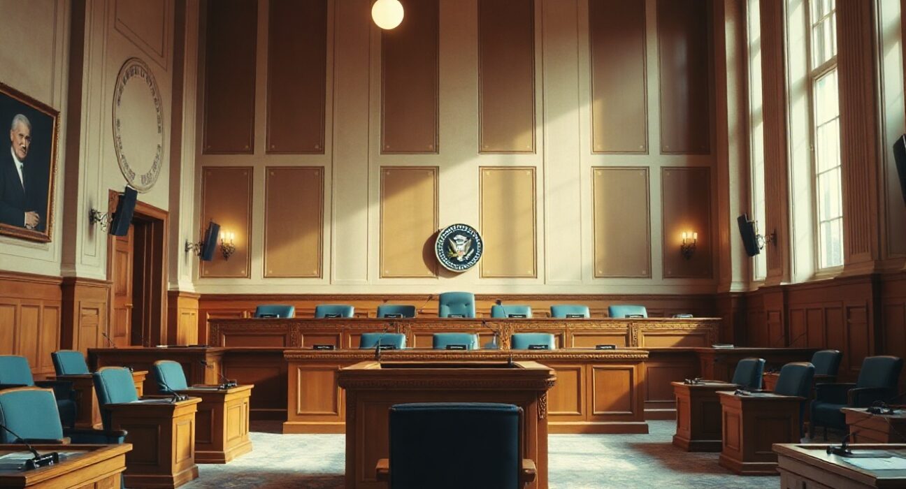 Interior of a formal US House committee hearing room with a wooden dais and empty seats, awaiting a legislative hearing.