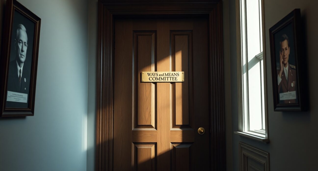 Closed door of the US House Ways and Means Committee meeting room in the Capitol building.