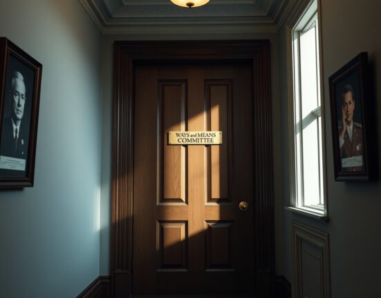 Closed door of the US House Ways and Means Committee meeting room in the Capitol building.