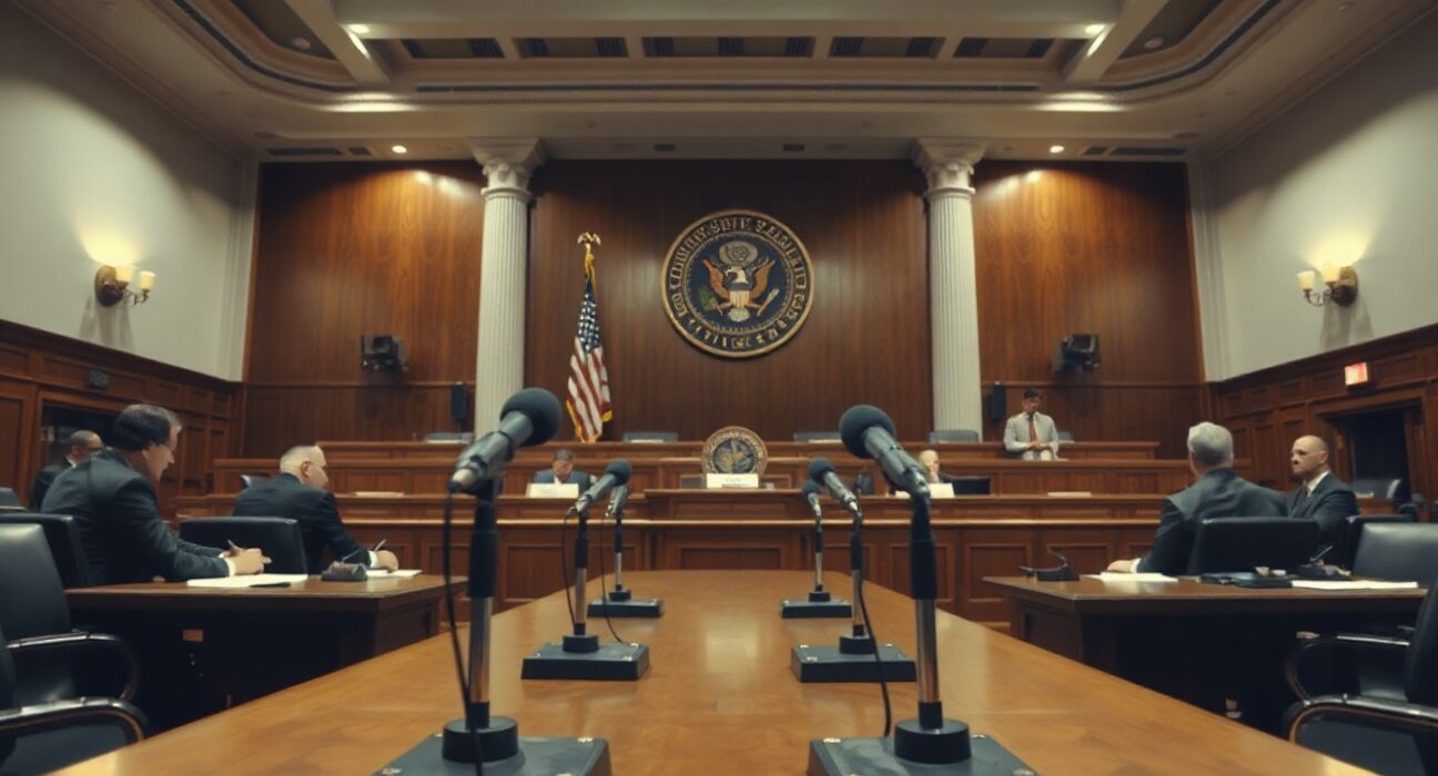 Interior of a US congressional hearing room with an American flag and official seal, empty chairs and microphones at the dais.