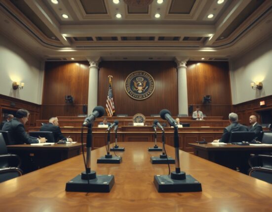 Interior of a US congressional hearing room with an American flag and official seal, empty chairs and microphones at the dais.