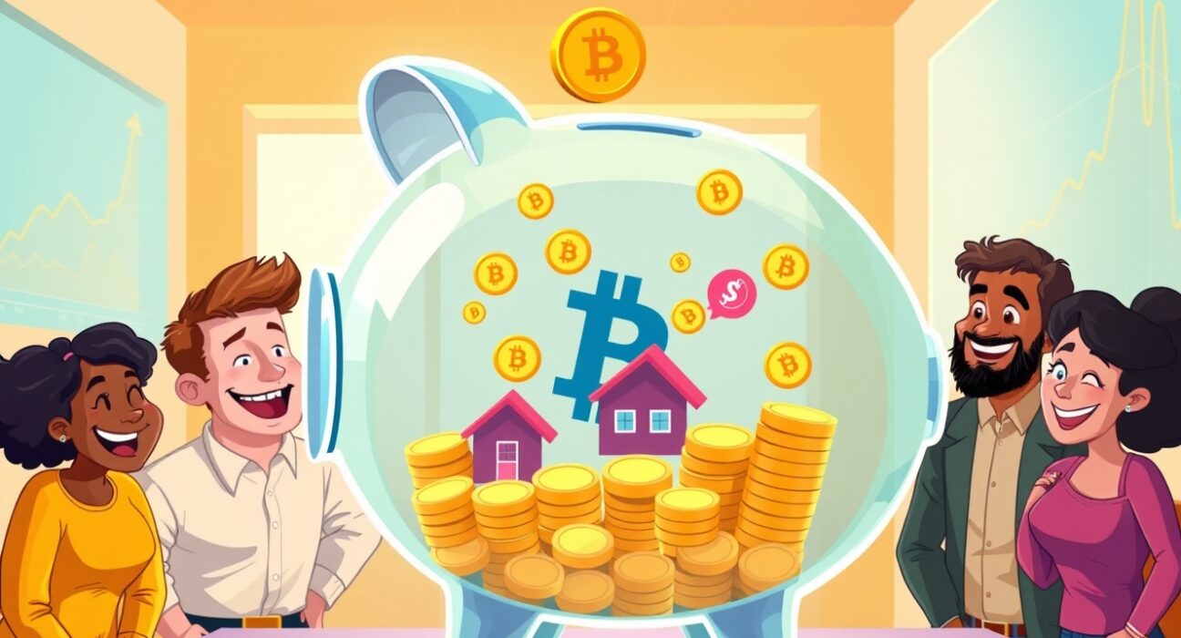 A vibrant cartoon illustration showing the hopeful concept of including crypto in 401(k) retirement savings.