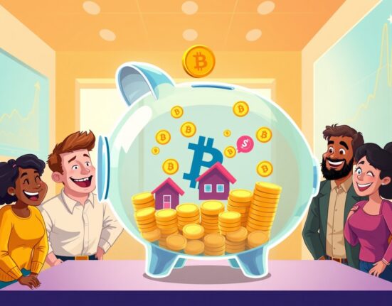 A vibrant cartoon illustration showing the hopeful concept of including crypto in 401(k) retirement savings.