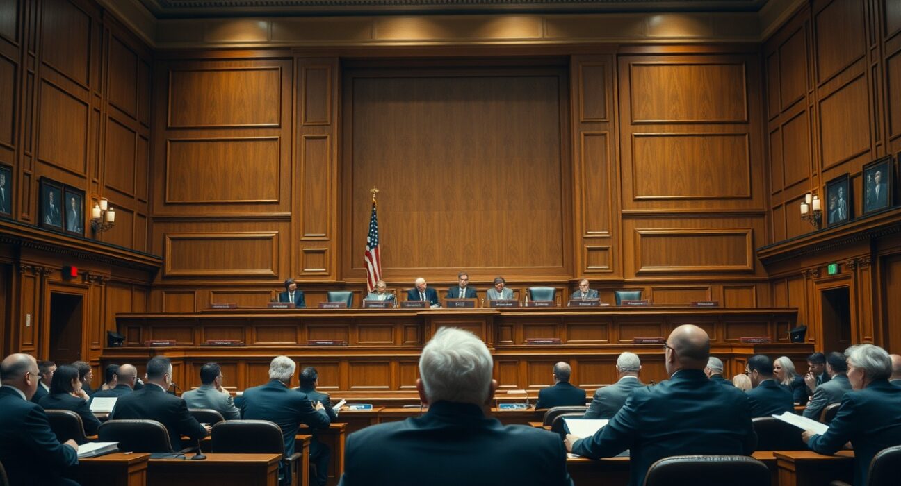 Interior of a US congressional hearing room with lawmakers seated at a dais during a committee session.