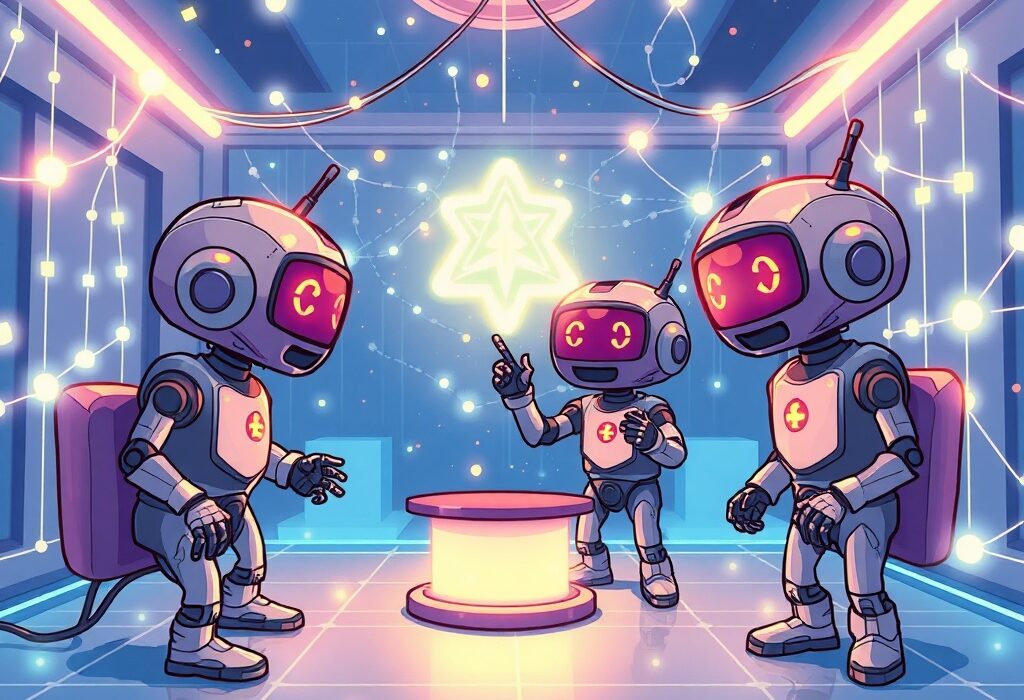 A cartoon illustration showing the successful launch of House Party Protocol Mainnet, with AI agents celebrating network connectivity.