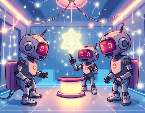 A cartoon illustration showing the successful launch of House Party Protocol Mainnet, with AI agents celebrating network connectivity.