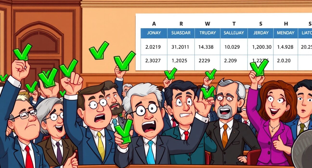 Cartoon politicians celebrating stopgap budget agreement to prevent government shutdown