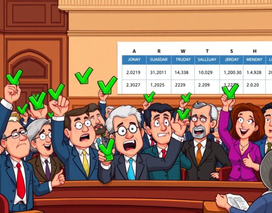 Cartoon politicians celebrating stopgap budget agreement to prevent government shutdown