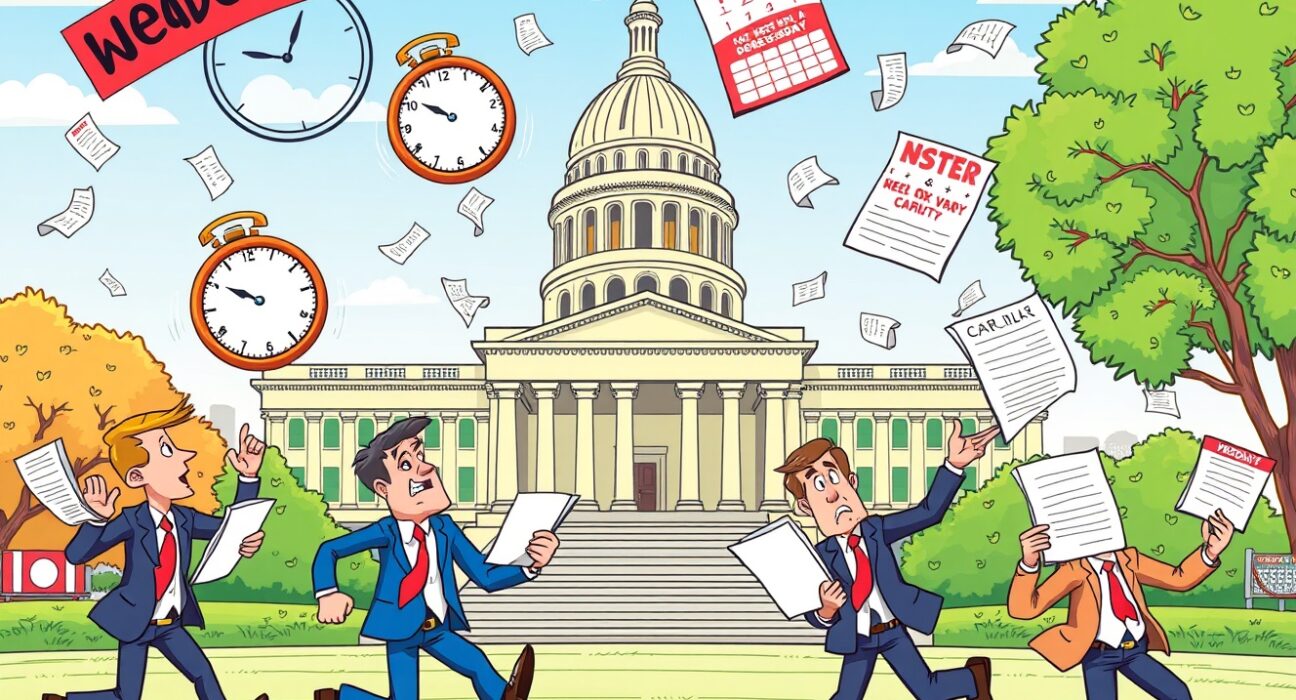 Urgent temporary budget vote decision in cartoon Capitol Building with Wednesday deadline pressure