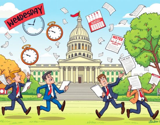 Urgent temporary budget vote decision in cartoon Capitol Building with Wednesday deadline pressure