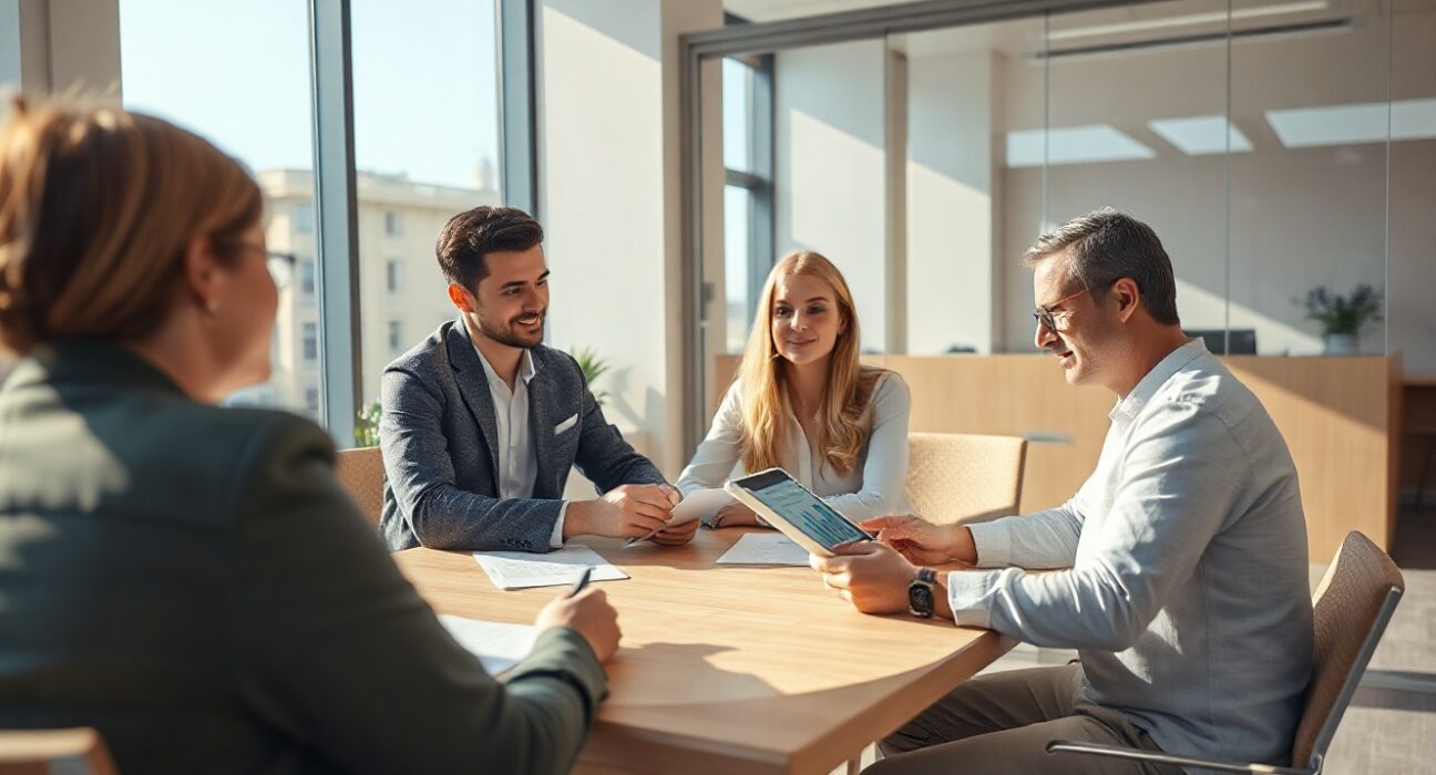 Bank advisor discussing loan terms with a couple in a modern CEE branch