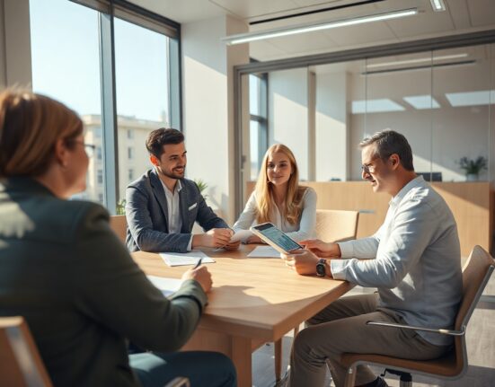 Bank advisor discussing loan terms with a couple in a modern CEE branch