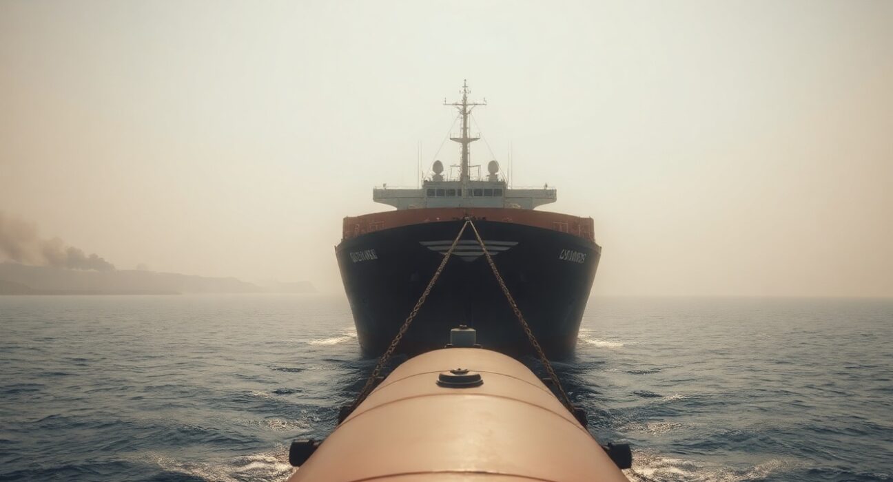 Cargo ship sailing in the Red Sea with smoke on the horizon, illustrating Houthi attacks on shipping
