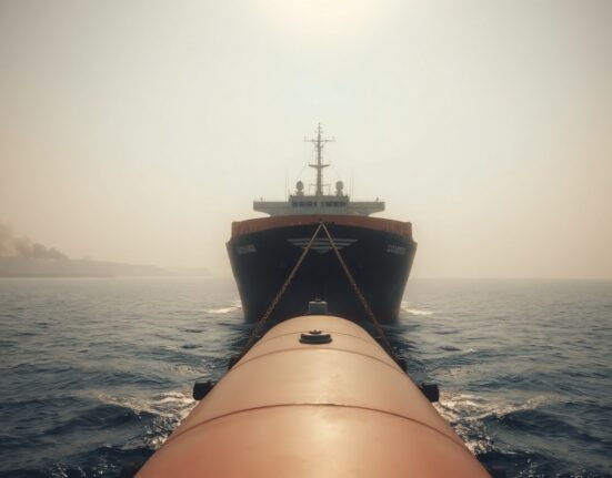 Cargo ship sailing in the Red Sea with smoke on the horizon, illustrating Houthi attacks on shipping