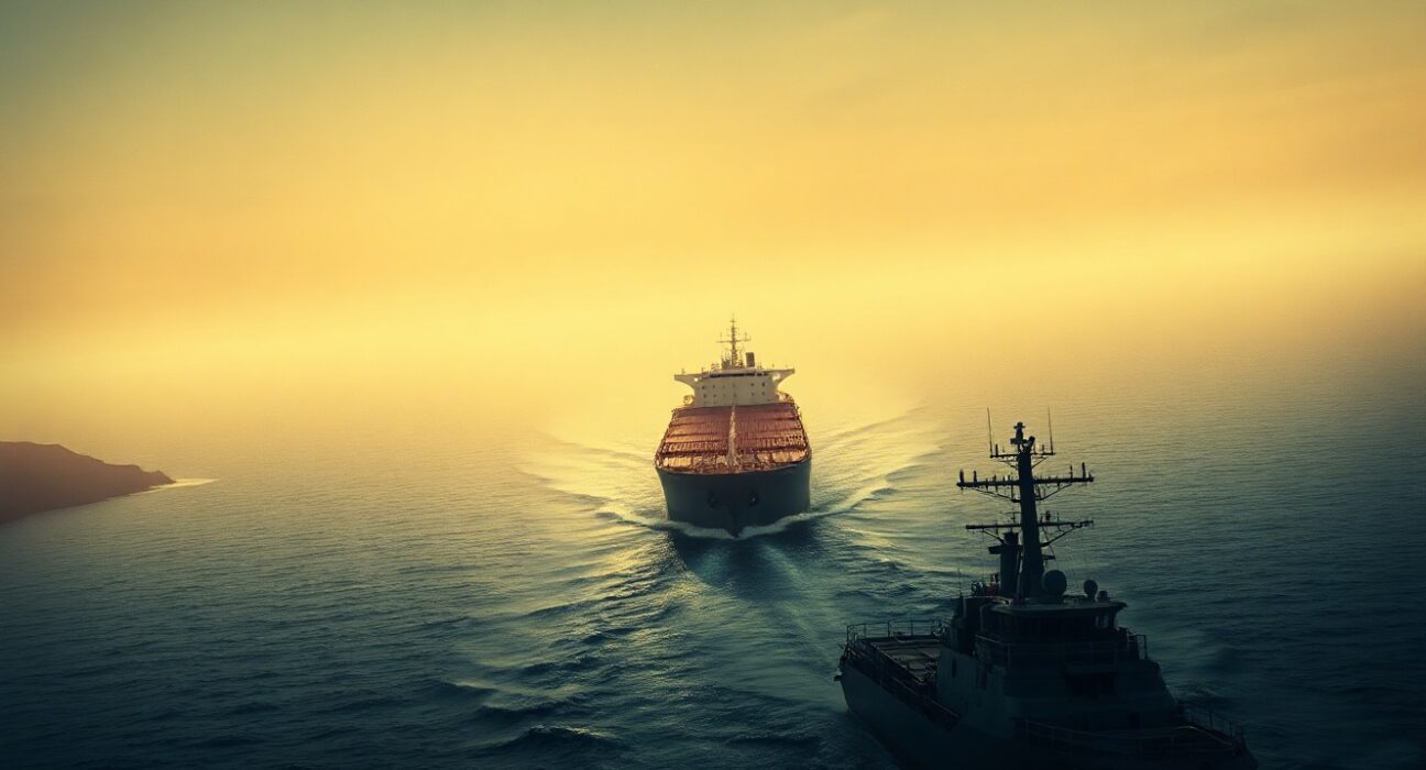 Oil tanker navigating a strategic sea strait under a tense, hazy sky with a military vessel in the foreground.