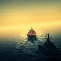 Oil tanker navigating a strategic sea strait under a tense, hazy sky with a military vessel in the foreground.