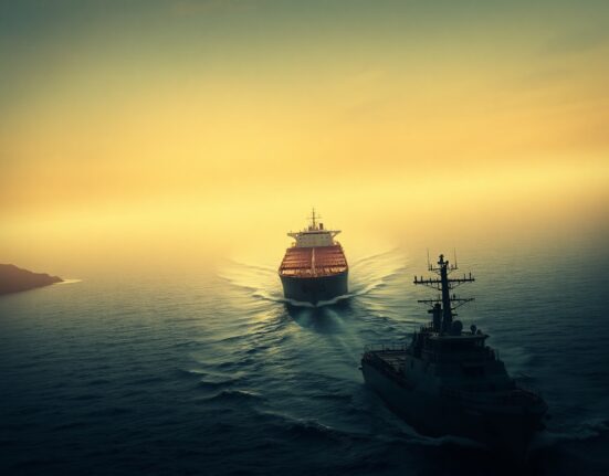 Oil tanker navigating a strategic sea strait under a tense, hazy sky with a military vessel in the foreground.