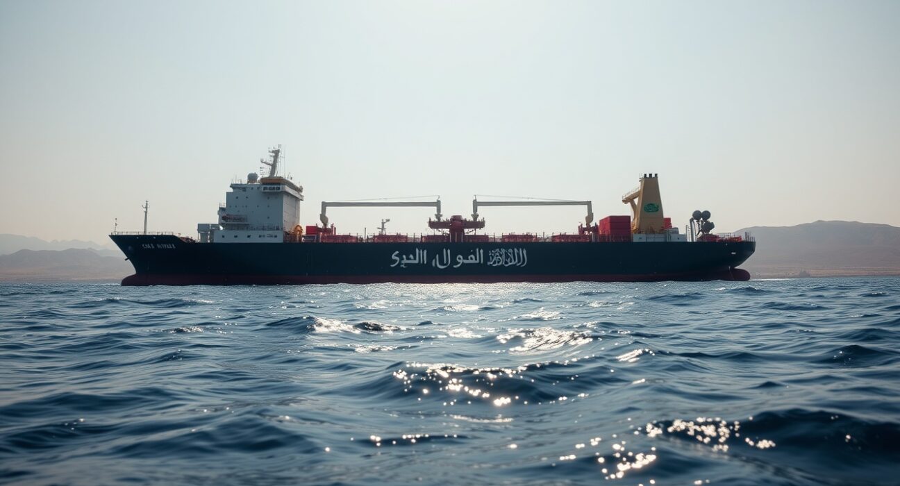 Large oil tanker sailing in the Red Sea with distant coastline, representing Houthi attacks on Saudi vessels.