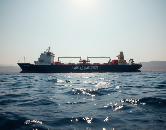 Large oil tanker sailing in the Red Sea with distant coastline, representing Houthi attacks on Saudi vessels.