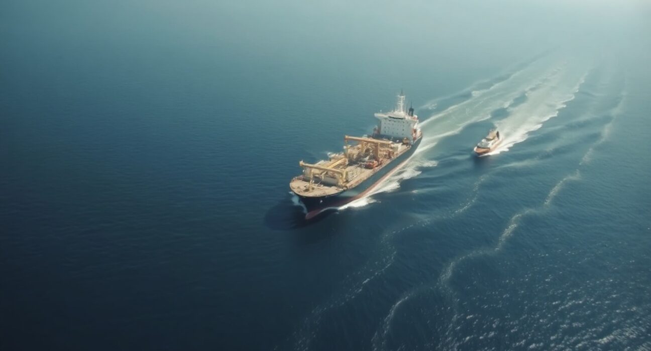 Oil tanker sailing in the Red Sea near Yemen, with smoke on the horizon