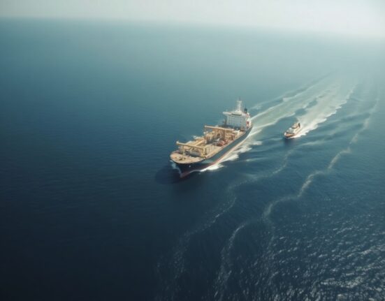 Oil tanker sailing in the Red Sea near Yemen, with smoke on the horizon