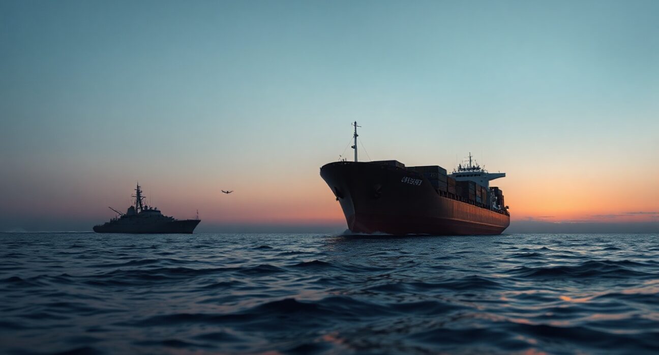 Cargo ship sailing in the Red Sea at dusk with a military vessel in the distance