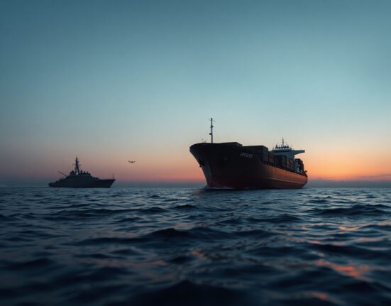 Cargo ship sailing in the Red Sea at dusk with a military vessel in the distance