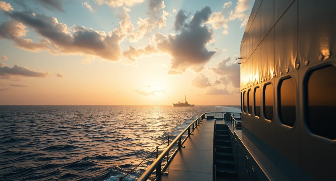 Cargo ship sailing in the Red Sea near Yemen, illustrating maritime trade route disruption.