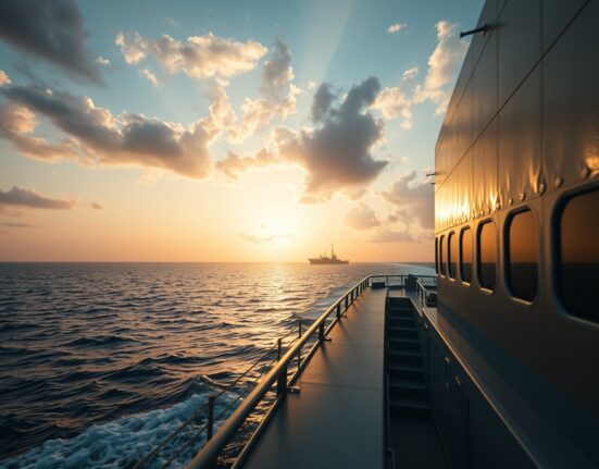Cargo ship sailing in the Red Sea near Yemen, illustrating maritime trade route disruption.