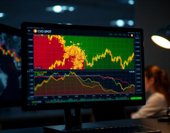 Close-up of a trading monitor displaying a Bitcoin spot Cumulative Volume Delta (CVD) chart with volume heatmap and trade size indicator lines.