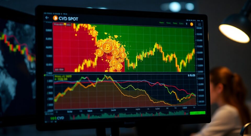 Close-up of a trading monitor displaying a Bitcoin spot Cumulative Volume Delta (CVD) chart with volume heatmap and trade size indicator lines.